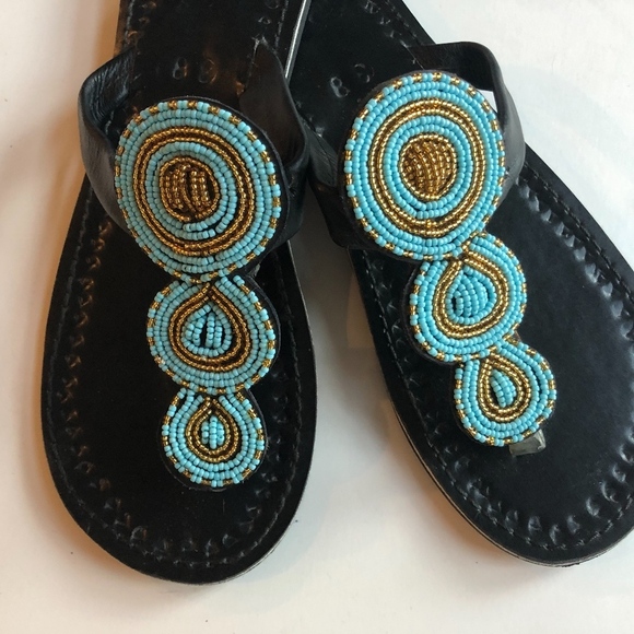 Turquoise and Gold Beaded African Sandals 38 - Picture 2 of 4